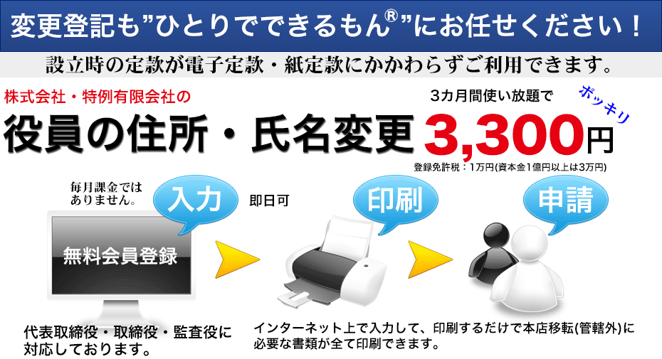 取締役の住所・氏名変更が3,000円