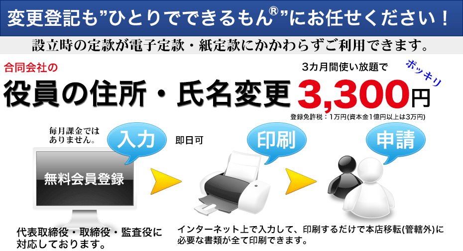 合同会社の代表社員の住所・業務執行社員の氏名変更が3,000円